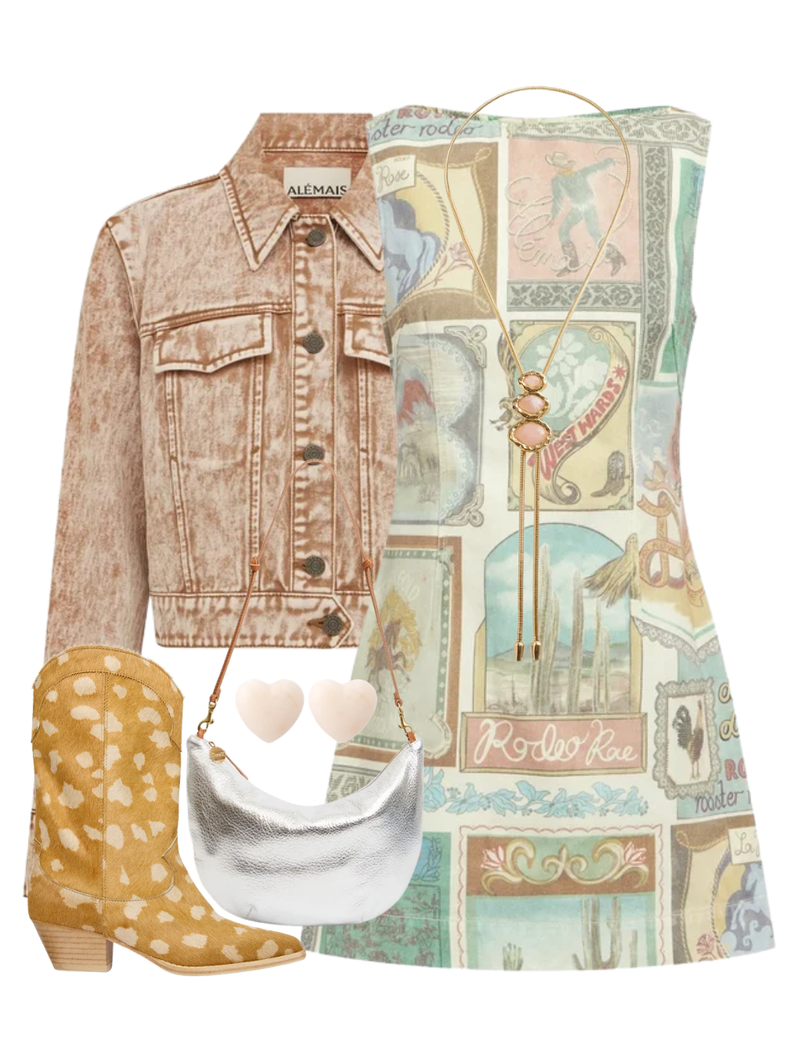A complete styled outfit consisting of Andie Denim Mini Dress, Spur Denim Jacket, Lune Lamba Bag in Silver, Loretta Boot in Spotted Haircalf, Love Earring in Latte Marble, The Merriam Bolo with Rose Quartz in Gold — Shop The Look — AMY Atelier