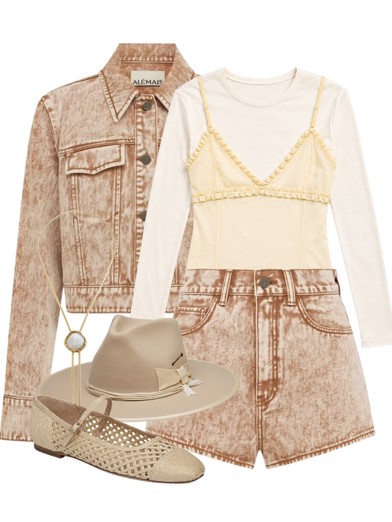 A complete styled outfit consisting of Spur Denim Micro Short, Spur Denim Jacket, Freda Long Sleeve Cotton Top in Pearl, Ellie Raffia Mary Jane Flat, The Lola Bolo with White Pearl in Gold — Shop The Look — AMY Atelier