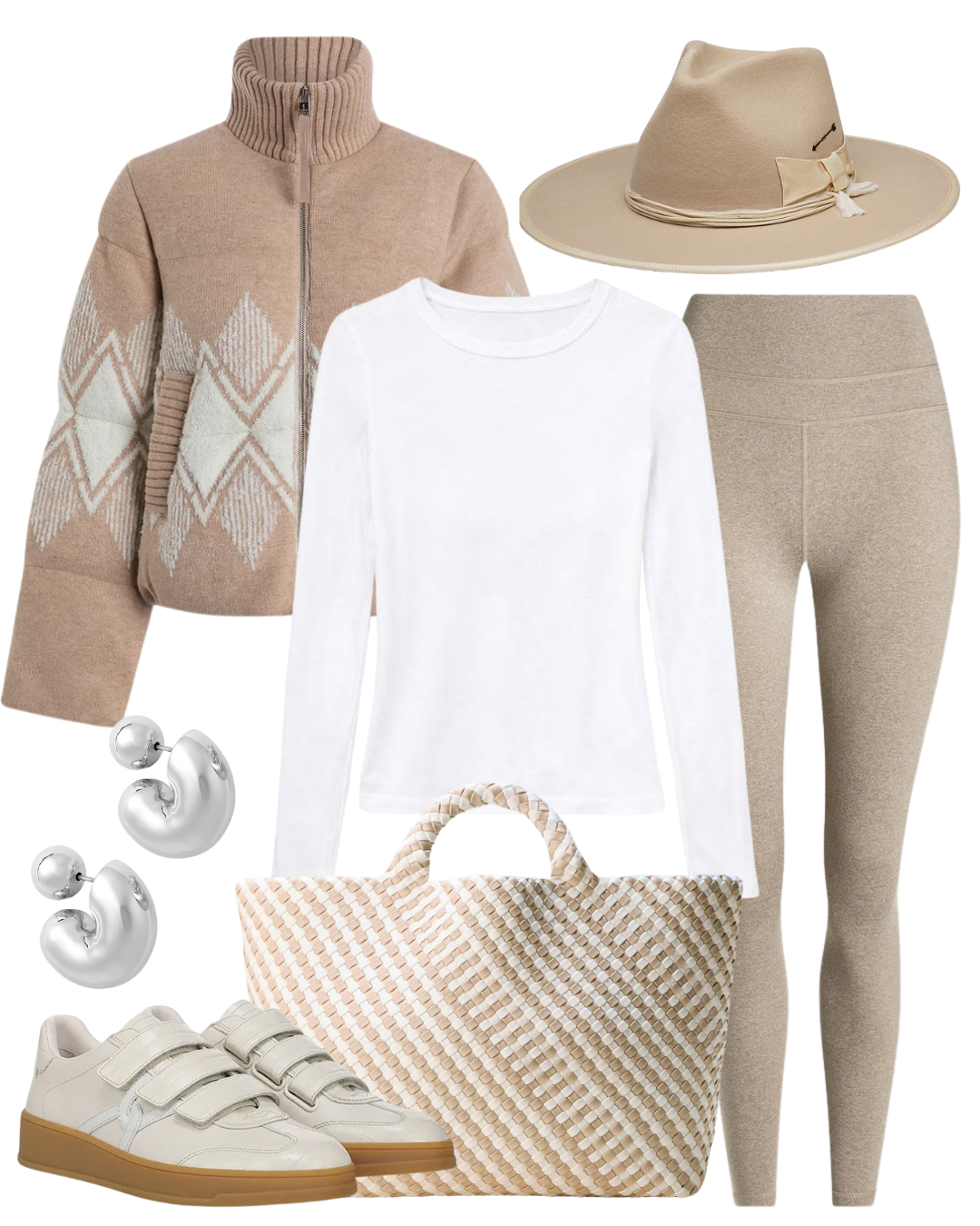 A complete styled outfit consisting of St. Barths Large Tote Striped Geo in Mykonos, Belinda Knit Puffer, Supima Cotton New Classic Long Sleeve Tee in White, Always Warm Base Layer Legging in Taupe Marl, Reagan Velcro Sneaker in Parchment, Tome Hoops Medium in High Polish Silver — Shop The Look — AMY Atelier