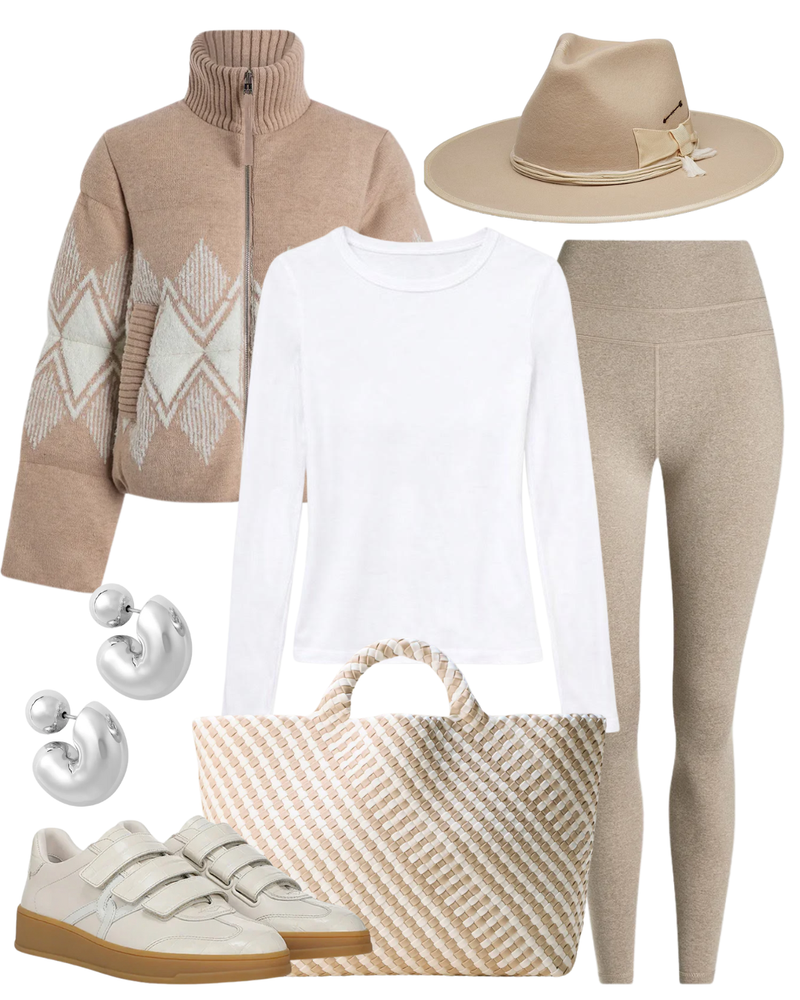 A complete styled outfit consisting of St. Barths Large Tote Striped Geo in Mykonos, Belinda Knit Puffer, Supima Cotton New Classic Long Sleeve Tee in White, Always Warm Base Layer Legging in Taupe Marl, Reagan Velcro Sneaker in Parchment, Tome Hoops Medium in High Polish Silver — Shop The Look — AMY Atelier