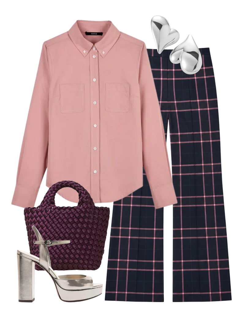 A complete styled outfit consisting of Button Down Shirt in Vintage Rose, Pintuck Flare Pant in Fig Plaid, St. Barths Petit Tote Satin in Bisou, Amy Sandal 110 in Grafite, Mega Art Heart Button Earrings in High Polish Silver — Shop The Look — AMY Atelier