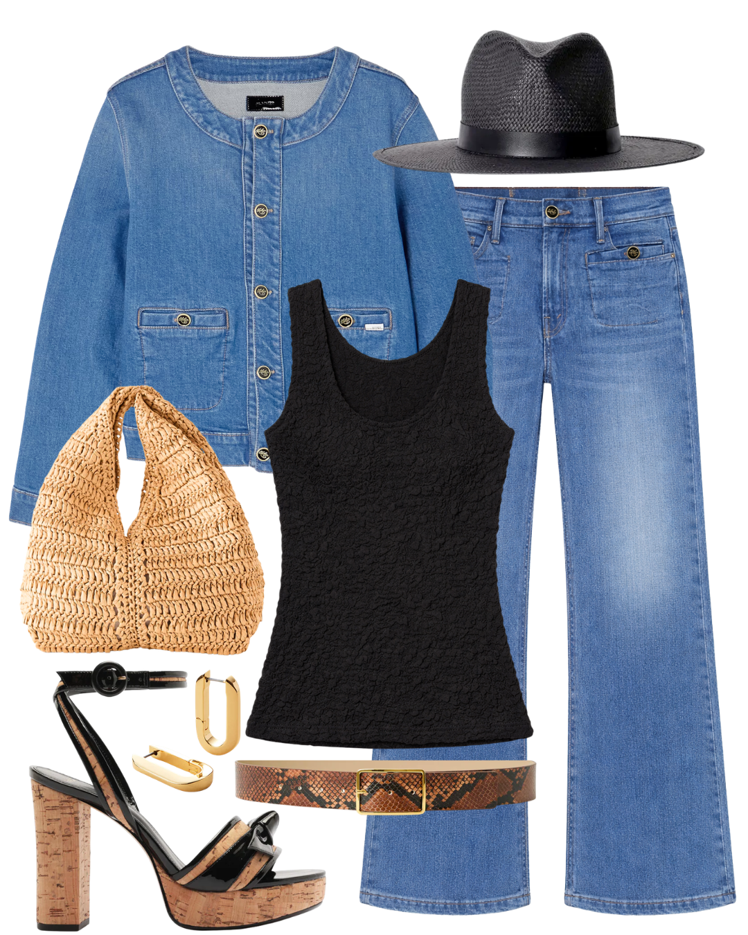 A complete styled outfit consisting of The Stashed Hustler Roller Sneak Whisk Me Away, The Stashed Picky Jacket Whisk Me Away, Dimension Tank in Black, Simone Hat in Black, Milla Python Belt in Cognac Gold, Simone Raffia Bag in Desert Palm, U-Link Gold Earrings, Clarita Cork 120 Platform Sandal — Shop The Look — AMY Atelier