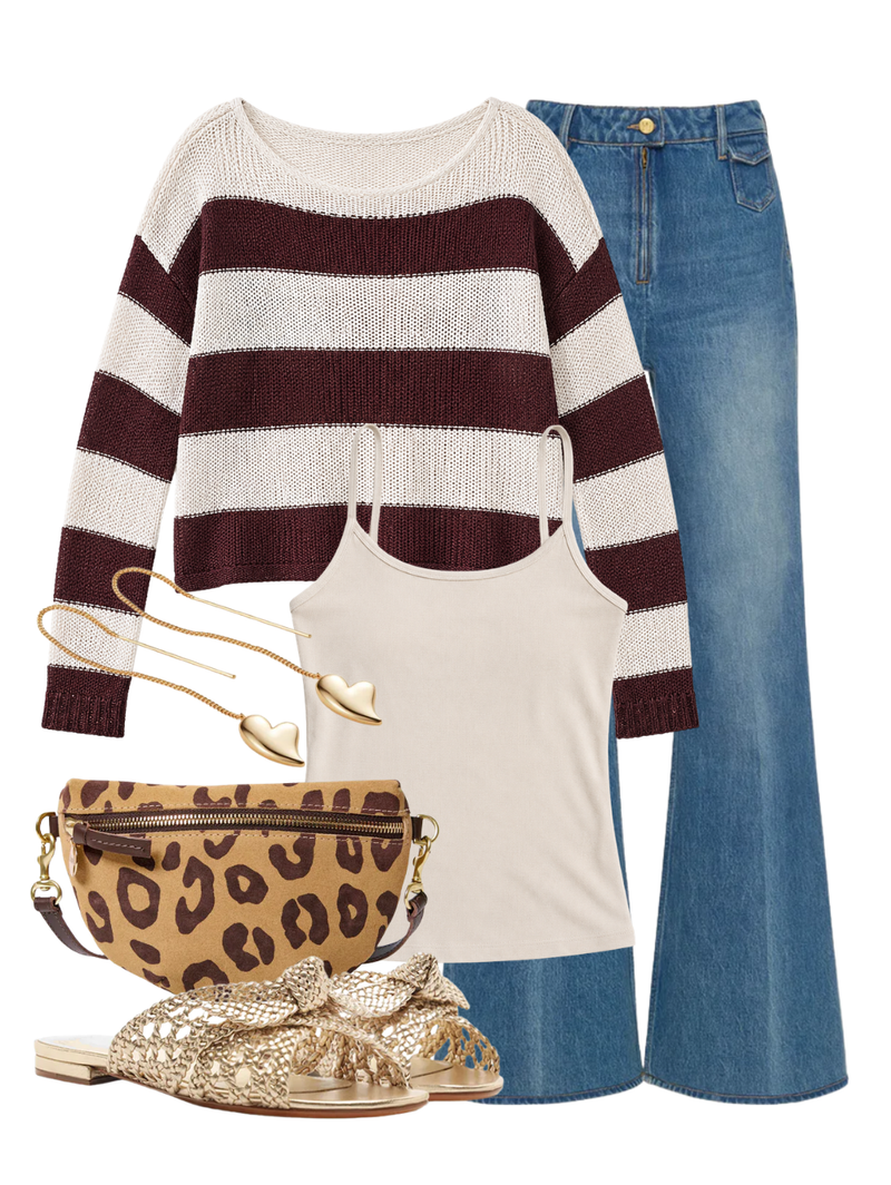 A complete styled outfit consisting of Stripe Linen Bateau Sweater in Black Orchid/White, Cotton Rib Cami Tank in Champagne, The Odelia Wide Leg Jean in Danube, Pablo Cat Suede Petite Fanny, Belinda Flat Golden Sandal, Puffy Heart Threaders in High Polish Gold — Shop The Look — AMY Atelier