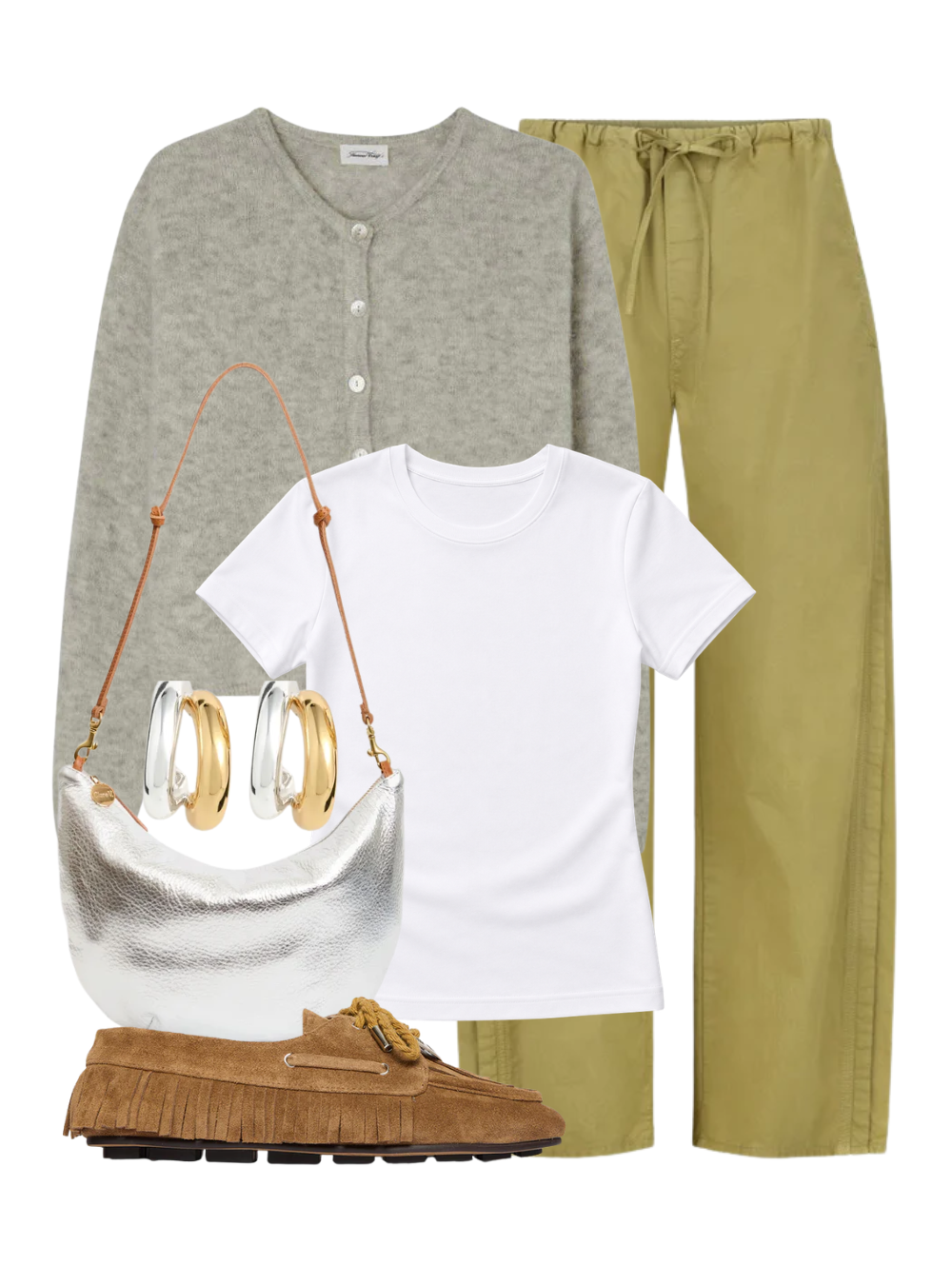 A complete styled outfit consisting of Supima Cotton Perfect Tee in White, Vitow Sweater in Gris Clair Chine, Simone Pant in Sprig, Lune Lamba Bag in Silver, Ramona Shoe in Chestnut, Mini Florence Earrings in Two-tone — Shop The Look — AMY Atelier