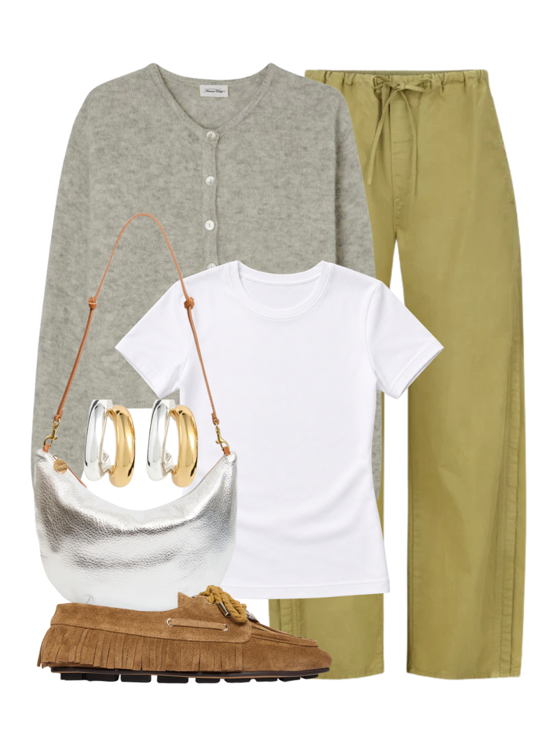 A complete styled outfit consisting of Supima Cotton Perfect Tee in White, Vitow Sweater in Gris Clair Chine, Simone Pant in Sprig, Lune Lamba Bag in Silver, Ramona Shoe in Chestnut, Mini Florence Earrings in Two-tone — Shop The Look — AMY Atelier