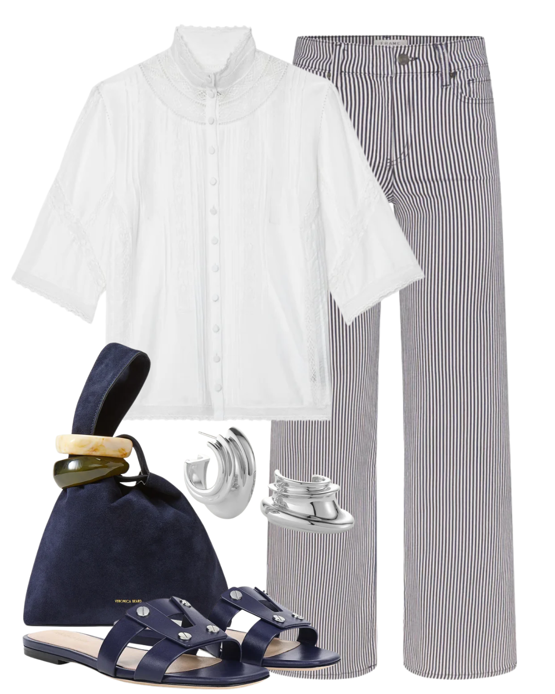 A complete styled outfit consisting of Via Slide Sandal in Navy, Tanos Tomboy Top, Le Slim Palazzo in Navy Stripe, Veronica Beard Suede Swing Clutch, Leona Silver Hoop Earrings — Shop The Look — AMY Atelier