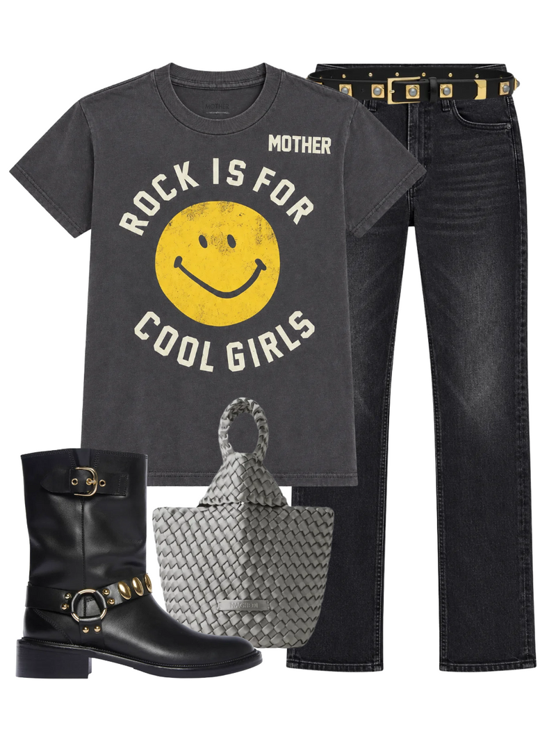 A complete styled outfit consisting of No. 2 Belt in Black Studded with Gold Plated and Grey Stone, The Boxy Goodie Goodie Tee in Rock Is for Cool Girls, The Newbie Skimp Jean in Bootleg, Kyoto Clutch Satin in Graphite, Aeri Moto Boot — Shop The Look — AMY Atelier