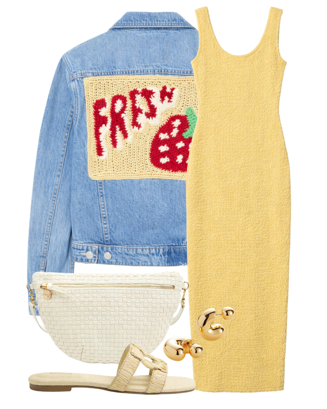 A complete styled outfit consisting of The Bruiser Denim Jacket, Dimension Tank Maxi Dress in Raffia, Cream Woven Checker Grande Fanny, Simkhai Monogram Raffia Flat Slide, Tome Hoops Medium in High Polish Gold — Shop The Look — AMY Atelier