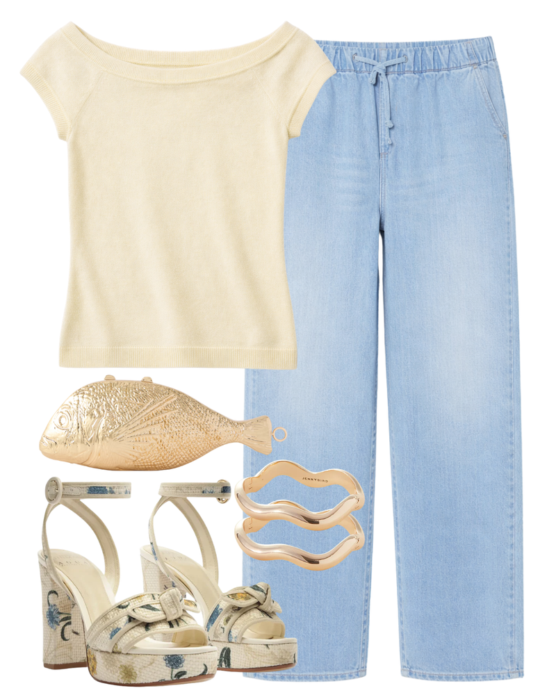 A complete styled outfit consisting of SNACKS! The Buffet Nerdy Pant Sugar Rush, Off Shoulder Top in Lemonade, Splash Metal Clutch, Grosgrain Raffia Platform 120 Laguna, Ola Bangle in Gold — Shop The Look — AMY Atelier