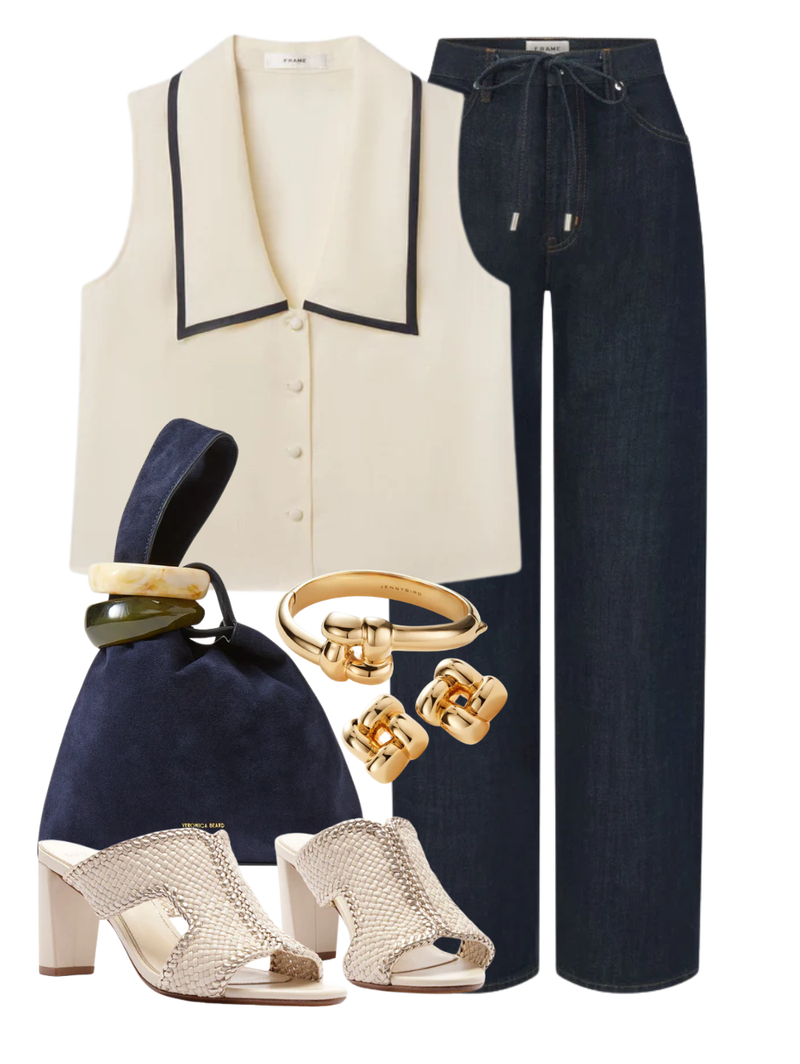 A complete styled outfit consisting of The Cabana Top, The Off Duty Drawstring Bow in Rinse, Veronica Beard Suede Swing Clutch, Odara 75 Eggshell Sandal, Medium Woven Square Earrings in High Polish Gold, Woven Square Bangle in High Polish Gold — Shop The Look — AMY Atelier