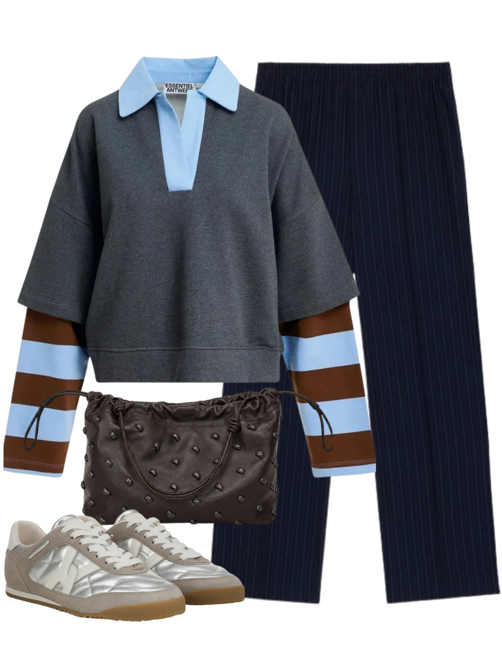 A complete styled outfit consisting of The Chaplin Trouser in Midnight Pinstripe, Kantelou Polo Sweatshirt in Steel Pulse, Arlo Bag in Ganache, Natalia Sneaker in Silver/Grey — Shop The Look — AMY Atelier