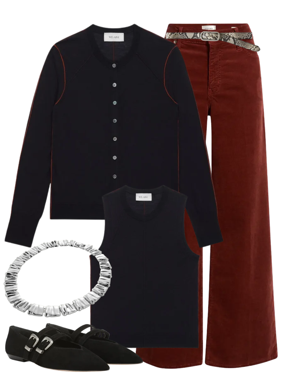 A complete styled outfit consisting of The Core Tank In Ebony Multi, The Core Cardigan in Ebony Multi, Le Slim Palazzo Corduroy in Wine, Snake Embossed Loop Belt in Natural Multi, Bancroft Buckles Shoe In Black, Sundra Collar in High Polish Silver — Shop The Look — AMY Atelier