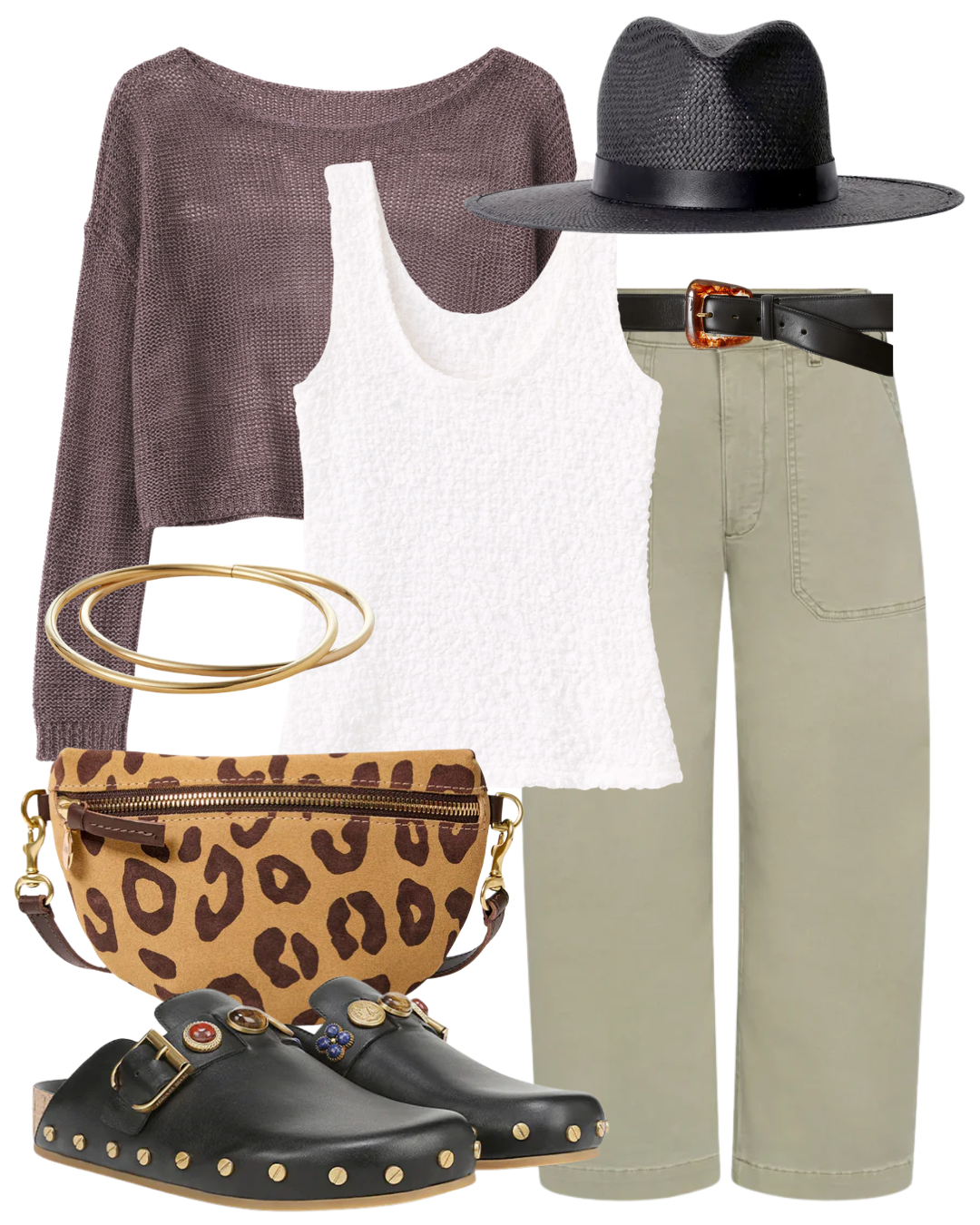 A complete styled outfit consisting of Dimension Tank in Off White, Linen Open Knit Bateau Sweater in Pebble, The Ranger Pant, Simone Hat in Black, Arch Resin-Buckle Leather Belt, Fern Charm Clog, Pablo Cat Suede Petite Fanny, Dane Gold Bangle Set — Shop The Look — AMY Atelier