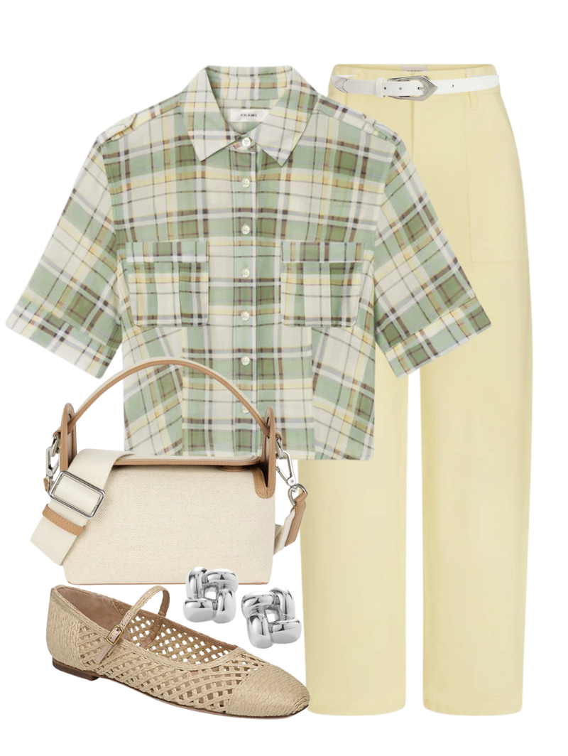A complete styled outfit consisting of The Utility Shirt in Jade Green Plaid, The Bow Cargo Pant in Lemon, Cuff B Thin Leather Belt, The Pastry Box 20 In Natural, Ellie Raffia Mary Jane Flat, Medium Woven Square Earrings in High Polish Silver — Shop The Look — AMY Atelier