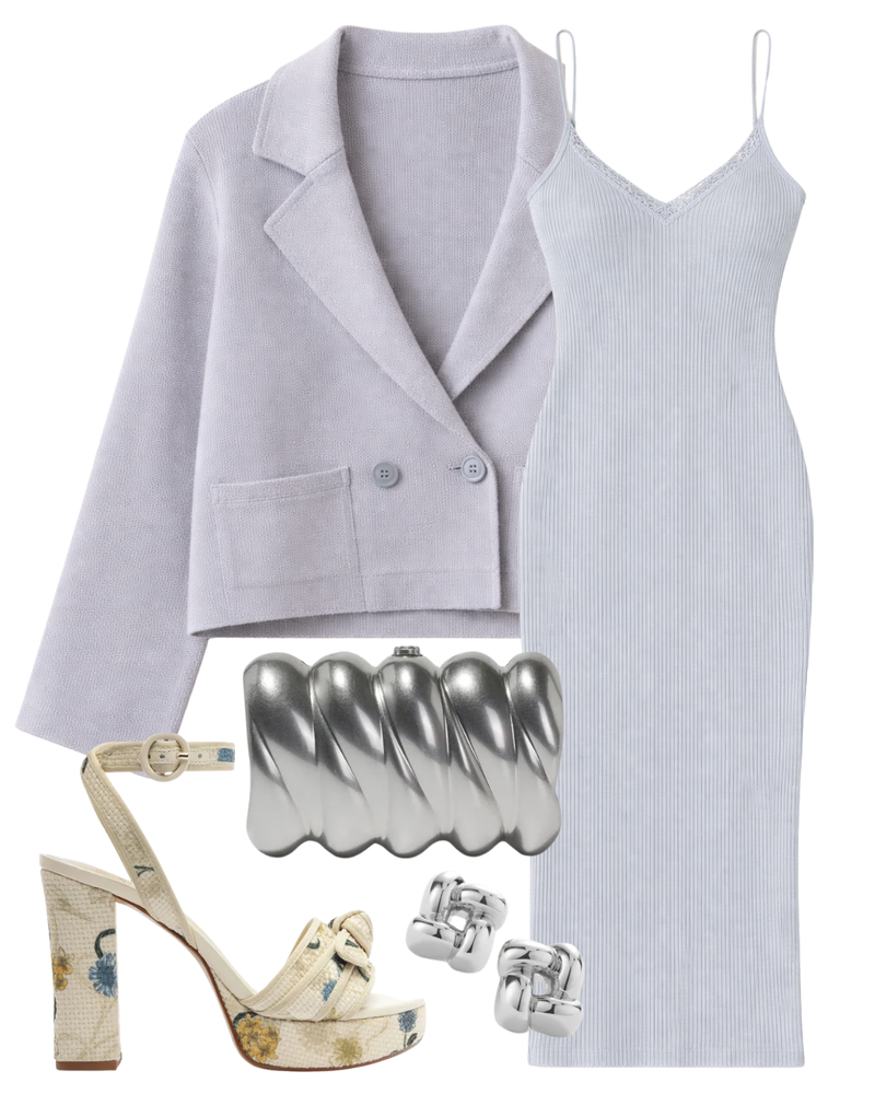 A complete styled outfit consisting of Tia Relaxed Blazer, Allison B Lace Trim Midi Dress, Reya Silver-Tone Metal Clutch, Grosgrain Raffia Platform 120 Laguna, Medium Woven Square Earrings in High Polish Silver — Shop The Look — AMY Atelier