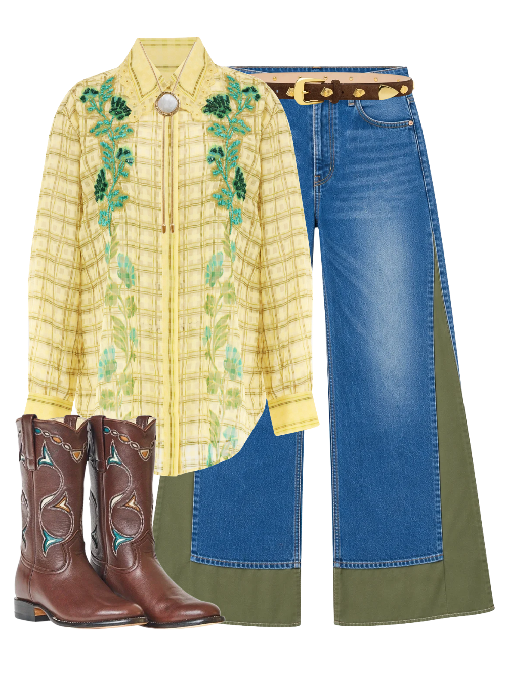 A complete styled outfit consisting of Tilly Embellished Shirt, The Nacho Double Dip Nerdy Fray Jean in On Tap, Vienna Belt In Chocolate Suede With Gold Plating, Roper Women's Cowboy Boot in Brown, The Lola Bolo with White Pearl in Gold — Shop The Look — AMY Atelier