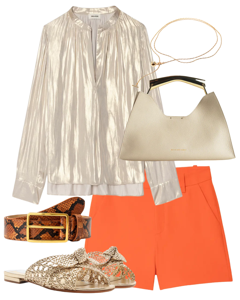 A complete styled outfit consisting of Belinda Flat Golden Sandal, Tink Satin Gold Blouse, Sidou Tailored Shorts, Milla Python Belt in Cognac Gold, Poline Midi Bag in Blanc Pebbled Leather, Constance Wrap Chain — Shop The Look — AMY Atelier
