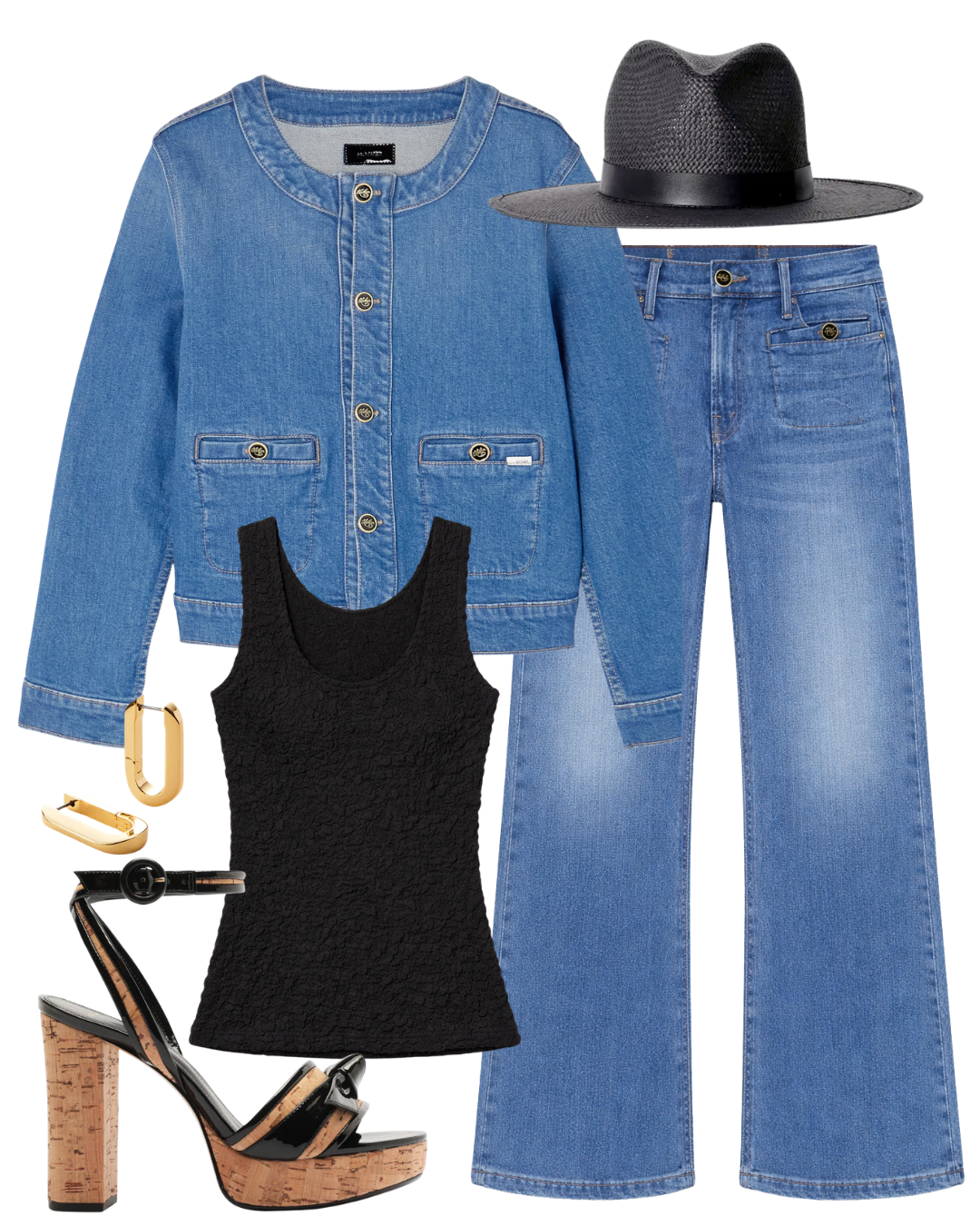 A complete styled outfit consisting of U-Link Gold Earrings, The Stashed Picky Jacket Whisk Me Away, Dimension Tank in Black, The Stashed Hustler Roller Sneak Whisk Me Away, Simone Hat in Black, Clarita Cork 120 Platform Sandal — Shop The Look — AMY Atelier
