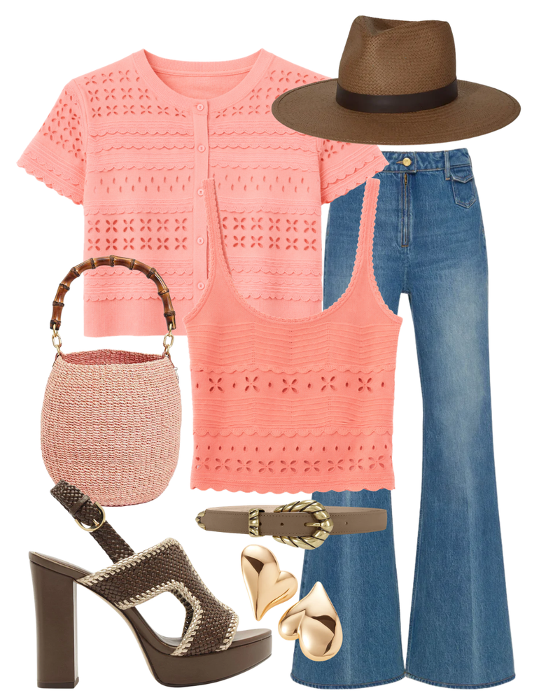 A complete styled outfit consisting of Abriana Eyelet Knit Cardigan in Coral Peony, Esme Eyelet Knit Camisole in Coral Peony, The Odelia Wide Leg Jean in Danube, Zoe Packable Straw Hat, Embella Baby Belt, Pot de Miel with Bamboo Handle in Blush, Odara 120 Mousse Sandal, Mega Art Heart Button Earrings in High Polish Gold — Shop The Look — AMY Atelier