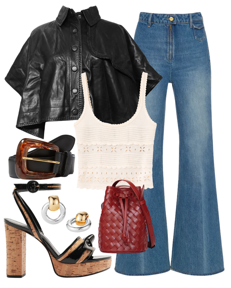 A complete styled outfit consisting of The Odelia Wide Leg Jean in Danube, Vontel Onxy Black Leather Cape, Esme Eyelet Knit Camisole in Cowrie, Arch Resin-Buckle Leather Belt, Mini Adele Bucket Bag in Rouge, Clarita Cork 120 Platform Sandal, Mega Faye Knockers in Two Tone — Shop The Look — AMY Atelier