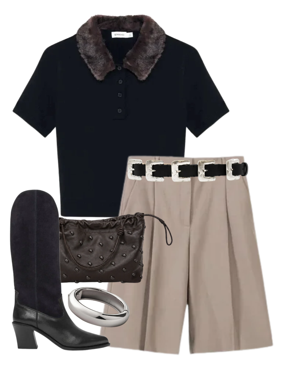 A complete styled outfit consisting of Vayla Short Sleeve Polo in Black Chocolate Multi, Bermuda Pant in Tortora, Multi Silver Buckle Belt in Black, Arlo Bag in Ganache, Nancie Boot in Navy Suede Combo, Gemma Bangle in Platinum — Shop The Look — AMY Atelier