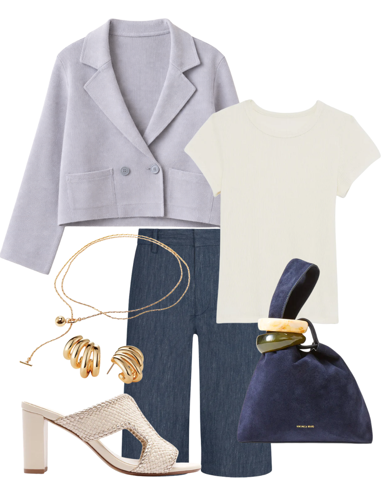 A complete styled outfit consisting of Veronica Beard Suede Swing Clutch, Tia Relaxed Blazer, Yael Cropped Baby Tee in Gardenia, Denim Bermuda Trousers, Odara 75 Eggshell Sandal, Monroe Earrings in High Polish Gold — Shop The Look — AMY Atelier