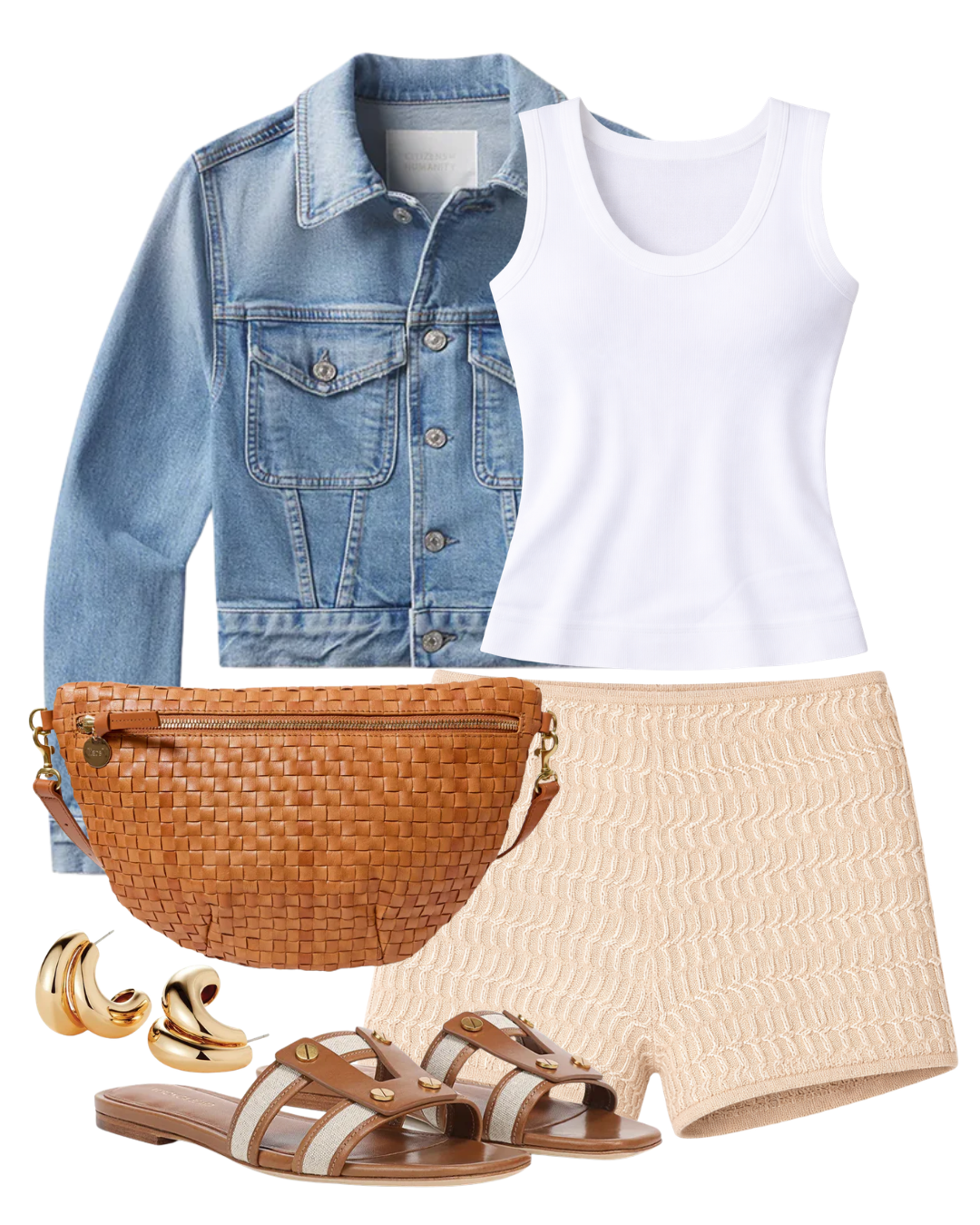A complete styled outfit consisting of Via Fabric and Leather Slide Sandal, Charisse Shrunken Jacket in Sparrow, Supima Cotton New Classic Sleeveless V in White, Grazia Short, Natural Woven Checker Grande Fanny, Orla Earrings in High Polish Gold — Shop The Look — AMY Atelier