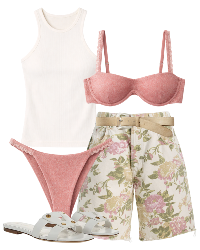 A complete styled outfit consisting of Via Slide Sandal in Coconut, Cotton Rib Boy Tank in Pearl Grey, Ayla Short in English Rose, Belen Bottom, Bonnie Bikini Top — Shop The Look — AMY Atelier