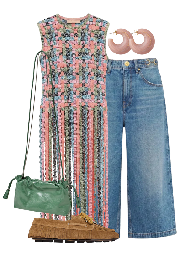 A complete styled outfit consisting of Victoria Knit Top with Fringe, The Rowan Denim Culotte in Danube, Small Crinkle Bag in Sage, Ramona Shoe in Chestnut, Moon Earring in Blush Marble — Shop The Look — AMY Atelier