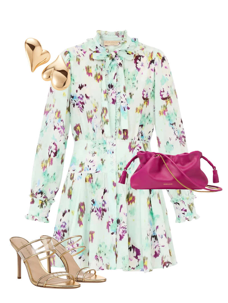 A complete styled outfit consisting of Viola Silk Mini Dress, Small Stash Bag in Berry, Asha Stiletto Sandal, Mega Art Heart Button Earrings in High Polish Gold — Shop The Look — AMY Atelier