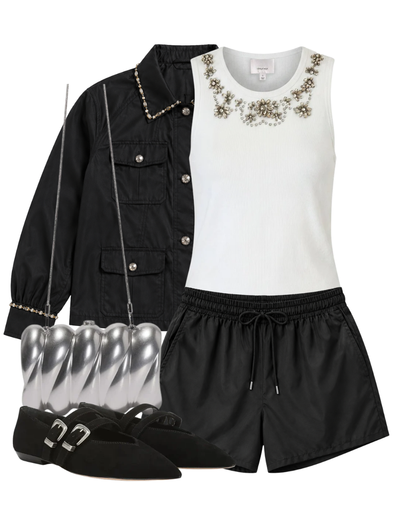 A complete styled outfit consisting of Crystal Lattice Lizzie Tank in White, Rhinestone Chain Adami Jacket in Black, Kendra Short in Black, Reya Silver-Tone Metal Clutch, Bancroft Buckles Shoe In Black — Shop The Look — AMY Atelier