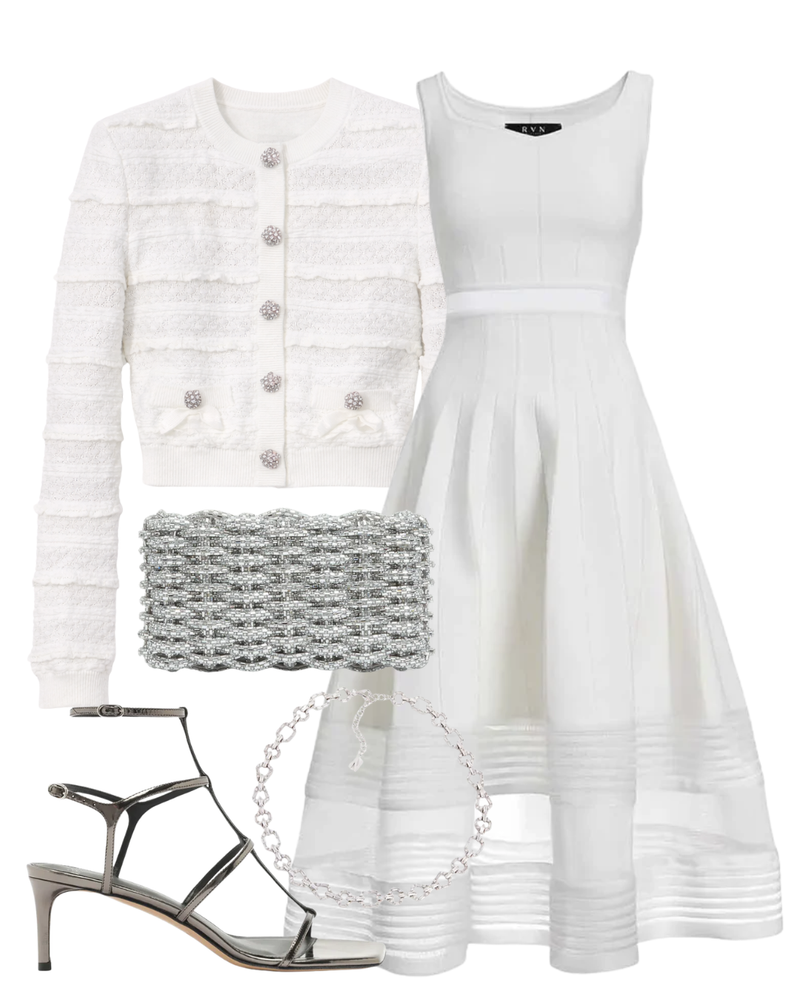 A complete styled outfit consisting of White Pointelle Diamante Cardigan, Ines Flared Dress, Morgan Woven Rhinestone Clutch, Amanda 60 Grafite Sandal, Victoria Necklace — Shop The Look — AMY Atelier