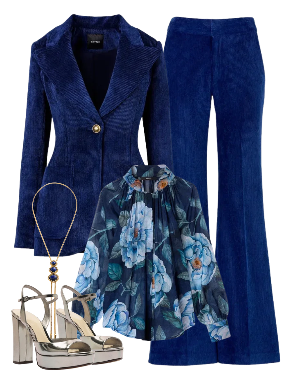 A complete styled outfit consisting of Gathered Blouse in Navy Floral, Patch Pocket Birkin Blazer in Sapphire Corduroy, Wide Leg Trouser in Sapphire Corduroy, Amy Sandal 110 in Grafite, The Merriam Bolo with Lapis — Shop The Look — AMY Atelier