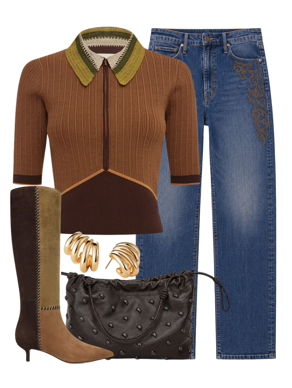 A complete styled outfit consisting of The Dodger Sneak Jean in Cowgirls Only, Wilder Knit Polo, Arlo Bag in Ganache, Lisa 45 Tall Whipstitch Boot in Chestnut/fennel/espresso, Monroe Earrings in High Polish Gold — Shop The Look — AMY Atelier
