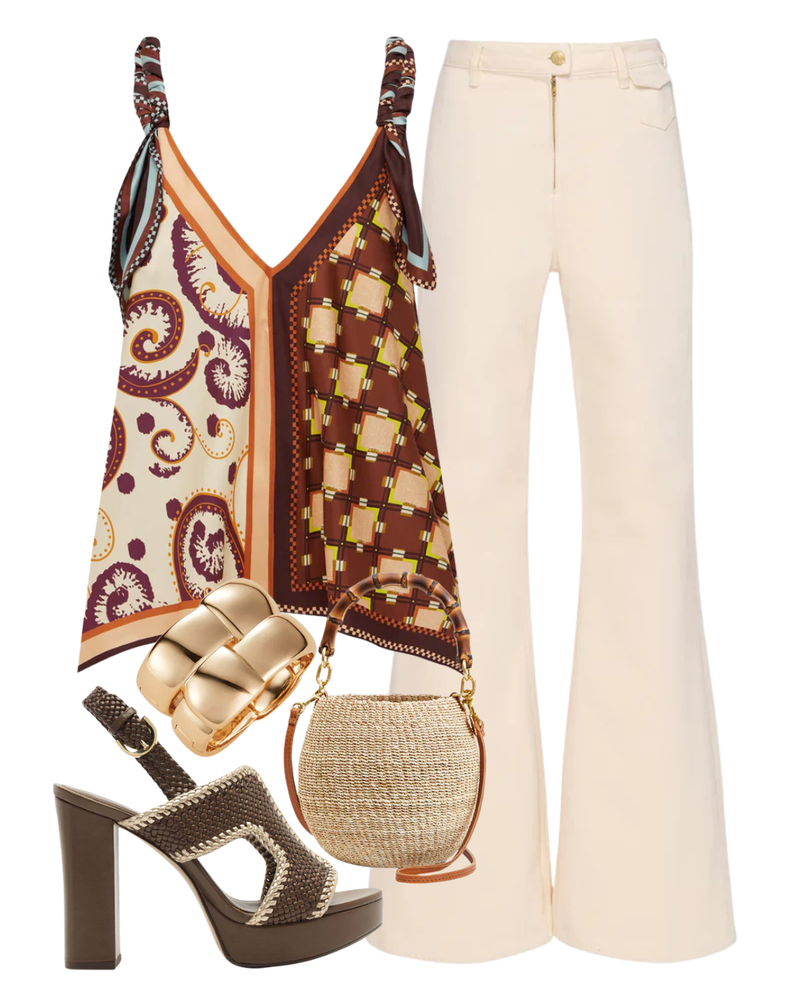 A complete styled outfit consisting of Wilson Silk Top, The Odelia Wide Leg Jean in Cowrie, Petit Bamboo Handle Pot de Miel, Odara 120 Mousse Sandal, Mega Woven Square Bangle in High Polish Gold — Shop The Look — AMY Atelier