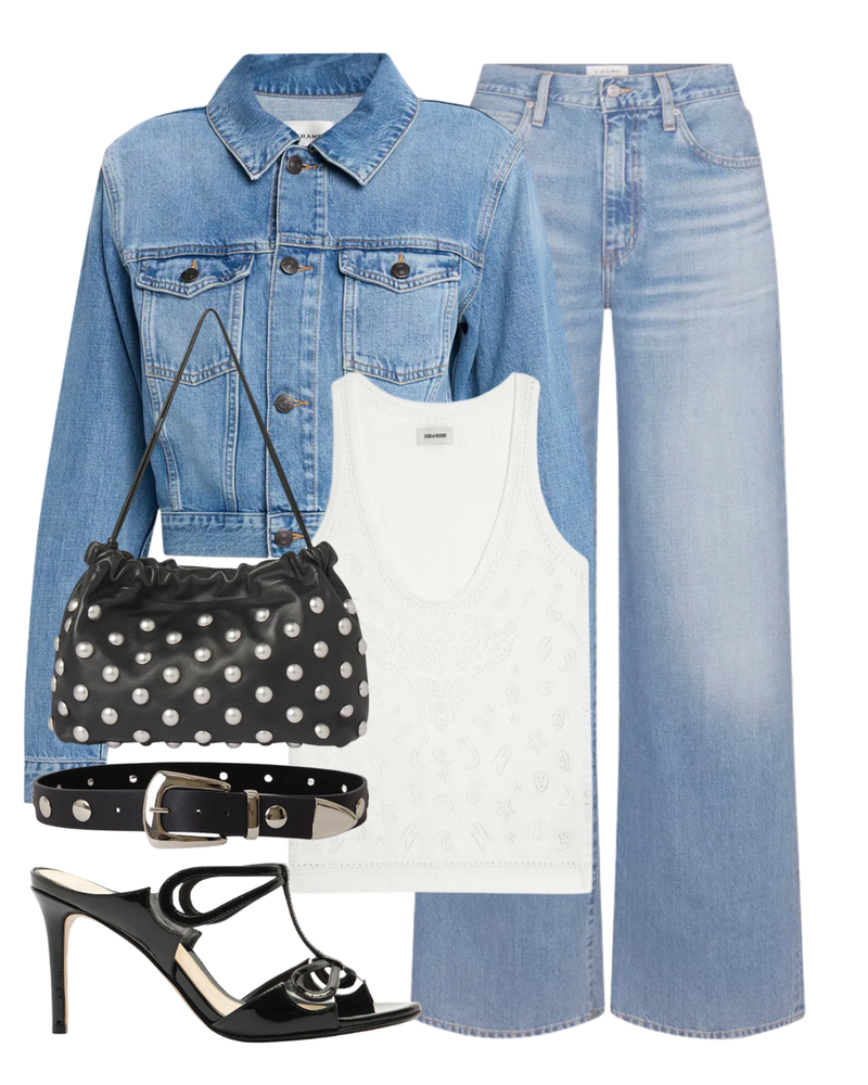 A complete styled outfit consisting of Jossy Bandana Pointelle Tank, The Off Duty Denim Trucker Jacket, Off Duty Stroll Jean in Frey, Jordana Mini Moto in Black Silver, Arlo Studded Leather Bag, Malu 85 Black Heel — Shop The Look — AMY Atelier