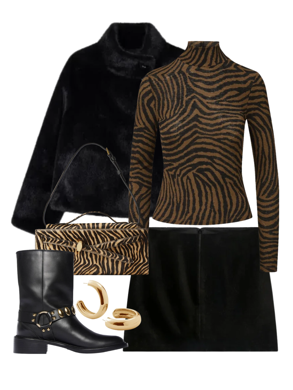 A complete styled outfit consisting of Wyeth Turtleneck in Ochre/Black, Mallow Faux Mink Jacket in Dark Grey, Petra Skirt in Black, Ziger Veronica Beard Dash Clutch in Tan Multi, Aeri Moto Boot, Large Gia Hoops in High Polish Gold — Shop The Look — AMY Atelier