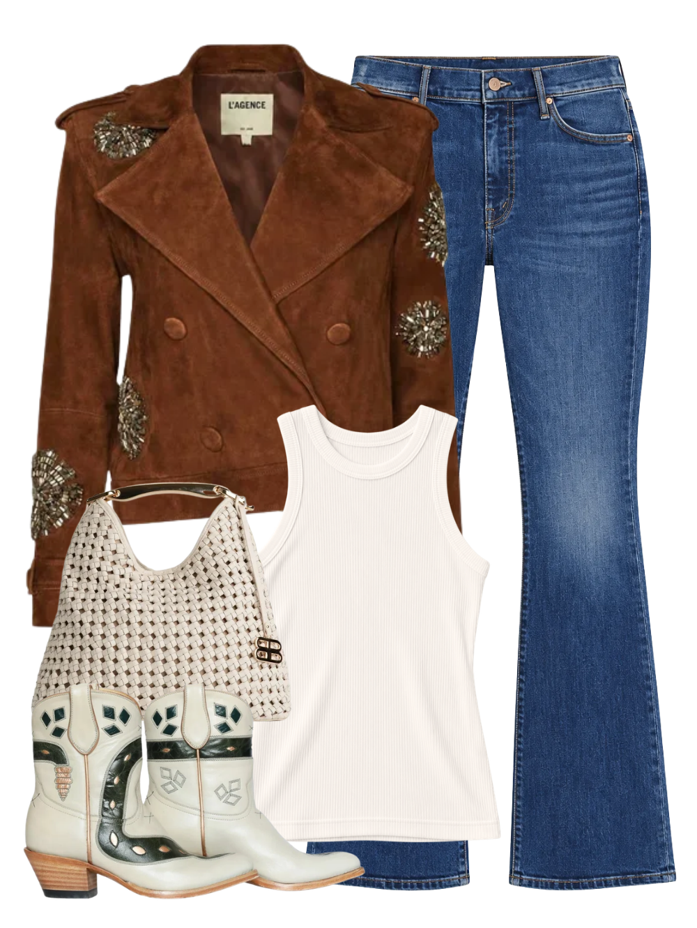 A complete styled outfit consisting of Xoey Crystal Cropped Trench in Walnut, Andre Shiny Tank in Vapor, The Weekender Jean in Backstage Pass, Braided Leather Shoulder Bag in White, Sneaky Snake Women's Cowboy Boot in Cream — Shop The Look — AMY Atelier