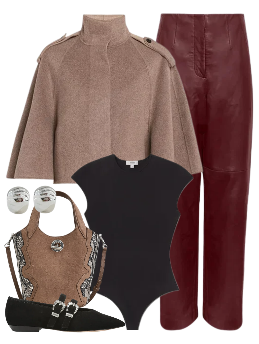 A complete styled outfit consisting of Yara Cape Jacket in Mushroom Melange, Agata Bodysuit in Black, Weston Leather Pant in Mahogany, Snake Embossed Anchor Bag in Bark Multi, Bancroft Buckles Shoe In Black, Nelle Hoops in High Polish Silver — Shop The Look — AMY Atelier