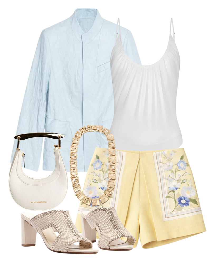 A complete styled outfit consisting of Yellow Floral Linen Shorts, Veryn Crinkled Leather Blazer, Gelina Ruched Bodysuit, Cecile Mini Bag in White Pebbled Leather, Odara 75 Eggshell Sandal, Sundra Collar in High Polish Gold — Shop The Look — AMY Atelier