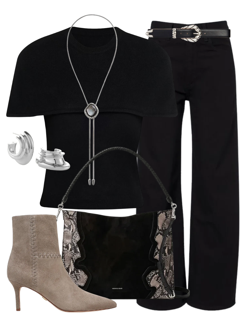 A complete styled outfit consisting of Yuki Short Sleeve Cape Top in Black, The Bow Jean in Black, Embella Belt In Black, Snake Embossed Veronica Beard Bag in Black Multi, Lisa 70 Whipstitch Boot in Bark, Leona Silver Hoop Earrings, The Lola Bolo with Grey Pearl in Silver — Shop The Look — AMY Atelier