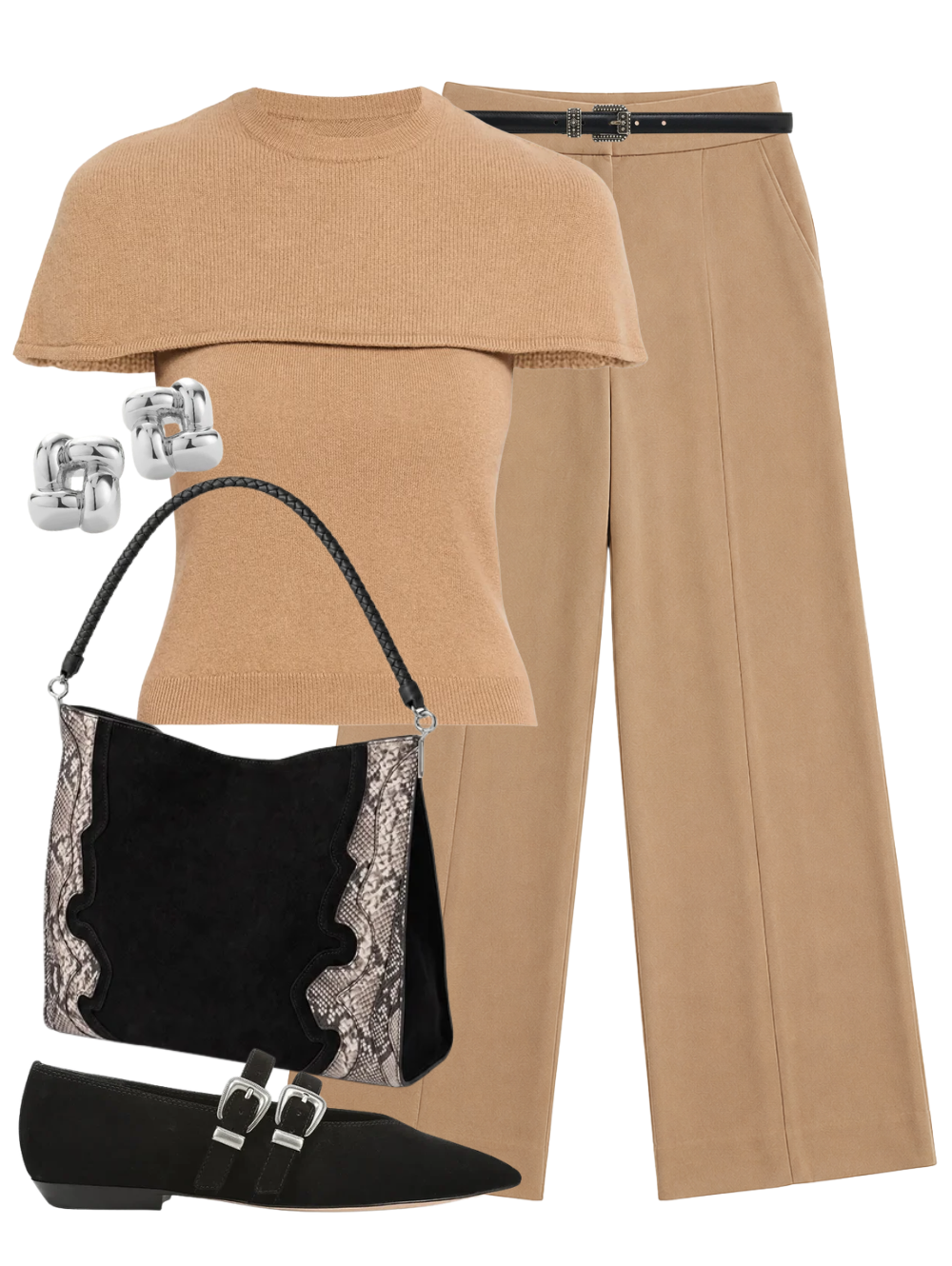 A complete styled outfit consisting of Yuki Short Sleeve Cape Top in Camel, Kyra Classic Wovens Wide Leg Pant in Ochre, Daisy Leather Belt, Snake Embossed Veronica Beard Bag in Black Multi, Bancroft Buckles Shoe In Black, Medium Woven Square Earrings in High Polish Silver — Shop The Look — AMY Atelier