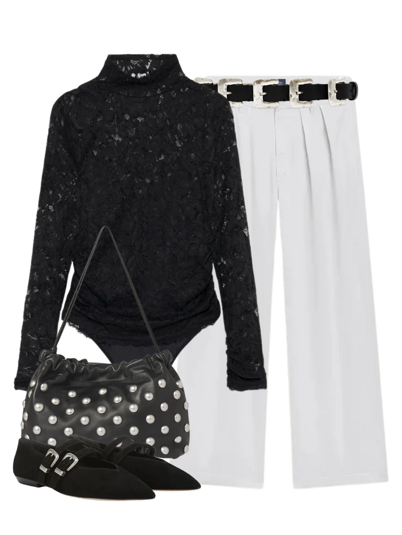 A complete styled outfit consisting of Ines Trouser in Winter White, Zurie Bodysuit in Black, Arlo Studded Leather Bag, Multi Silver Buckle Belt in Black, Bancroft Buckles Shoe In Black — Shop The Look — AMY Atelier