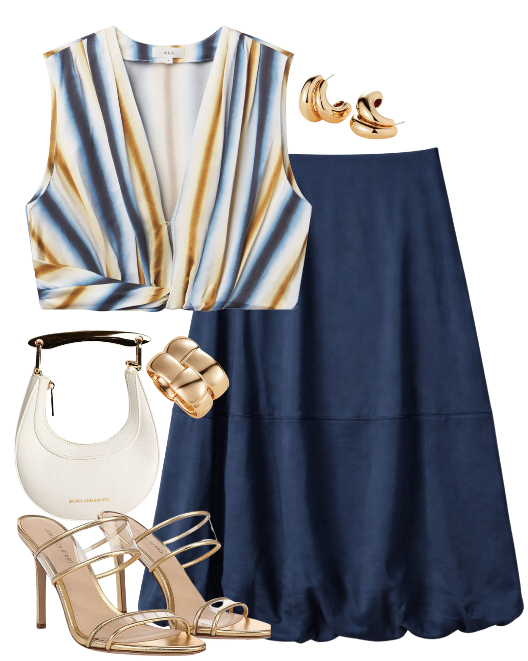 A complete styled outfit consisting of Montrose Bubble Skirt in Navy, Brooklyn Striped Top, Cecile Mini Bag in White Pebbled Leather, Asha Stiletto Sandal, Orla Earrings in High Polish Gold, Mega Woven Square Bangle in High Polish Gold — Shop The Look — AMY Atelier