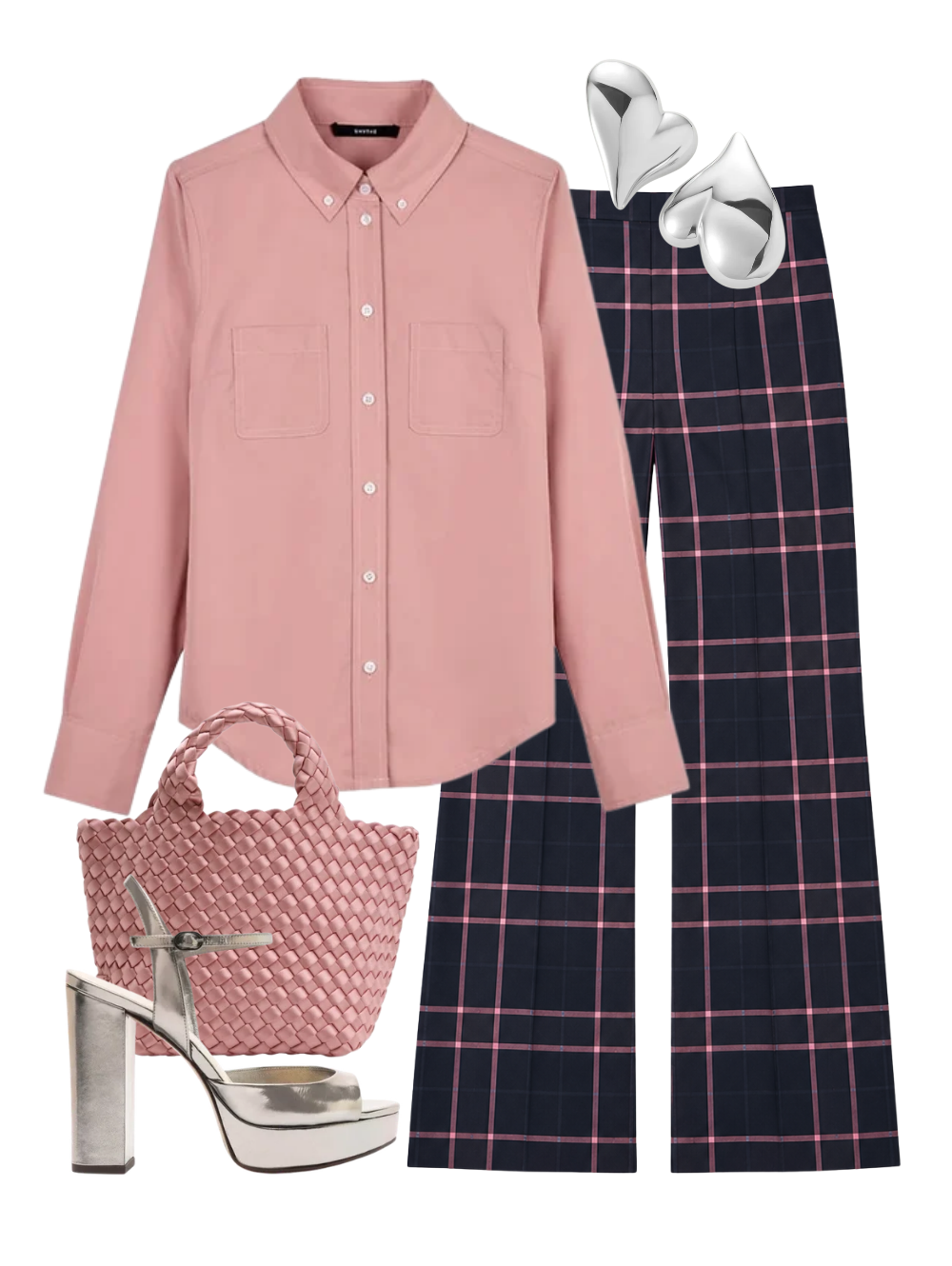 A complete styled outfit consisting of Button Down Shirt in Vintage Rose, Pintuck Flare Pant in Fig Plaid, St. Barths Petit Tote Satin in Flor, Amy Sandal 110 in Grafite, Mega Art Heart Button Earrings in High Polish Silver — Shop The Look — AMY Atelier