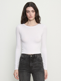 Silk Rib Long Sleeve Tuck Top in White