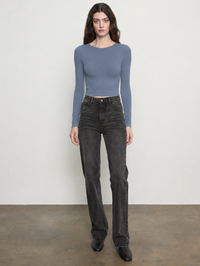 Silk Rib Long Sleeve Tuck Top in Steel Blue