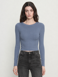 Silk Rib Long Sleeve Tuck Top in Steel Blue