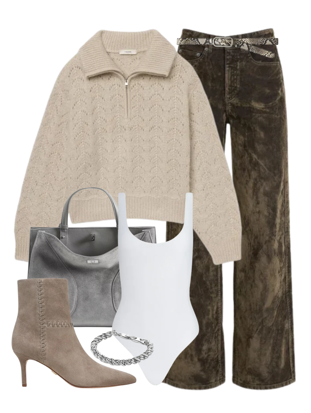A complete styled outfit consisting of The Airy Lurex Zip Sweater in Biscuit, Nica Scoop Neck Tank Bodysuit in Vintage White, Flocked Betsy Jeans in Dark Olive, Snake Embossed Loop Belt in Natural Multi, Lisa 70 Whipstitch Boot in Bark, Jack Suede Bag in Road, Rizzo Bracelet in High Polish Silver — Shop The Look — AMY Atelier
