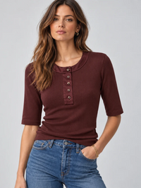 The Satin Trim Short Sleeve Henley in Currant